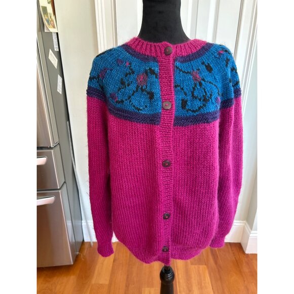 Vtg Manos Del Uruguay Handknit Wool Cardigan Sweater Fuchsia Blue L - Picture 5 of 10
